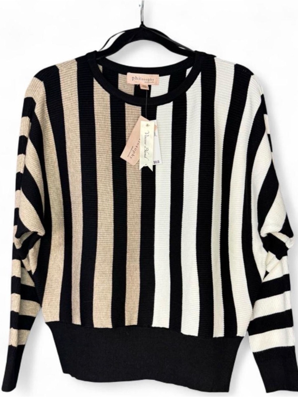 Philosophy Vertical Stripe Crewneck Sweater in Black, Cream, Tan